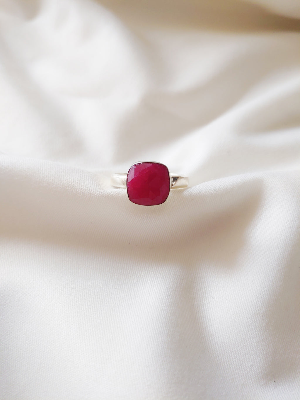Crimson Pink Onyx Cushion Cut Stone 92.5 Silver Adjustable Ring