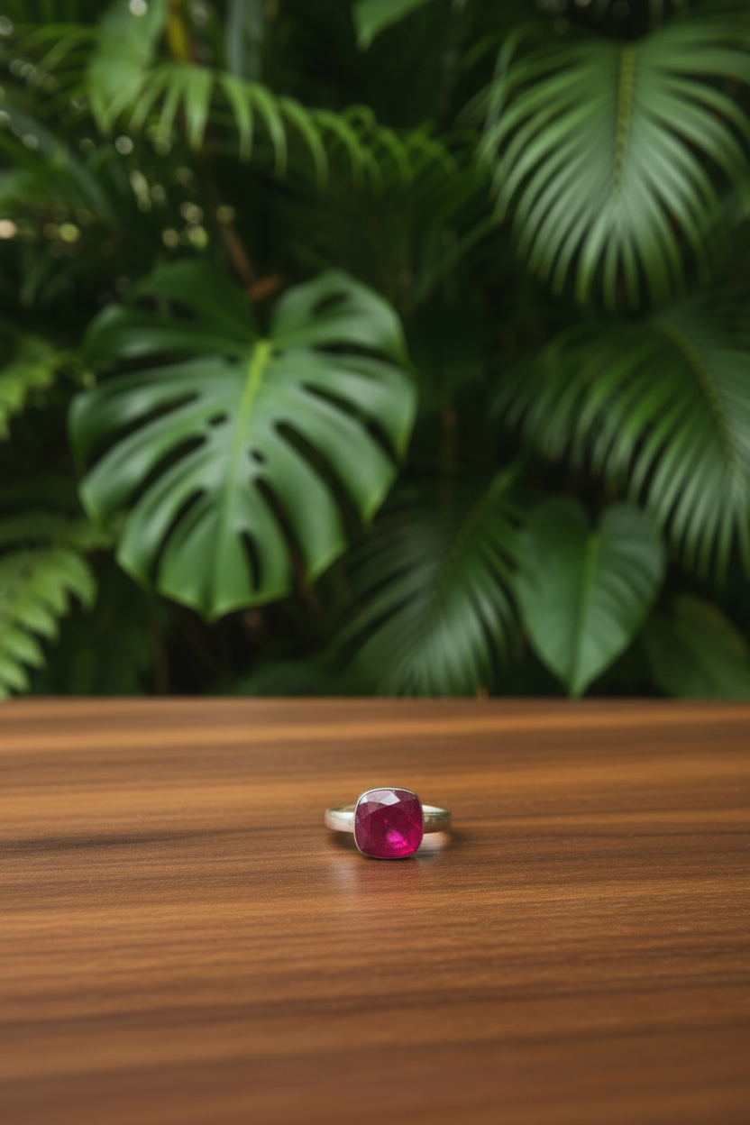 Crimson Pink Onyx Cushion Cut Stone 92.5 Silver Adjustable Ring