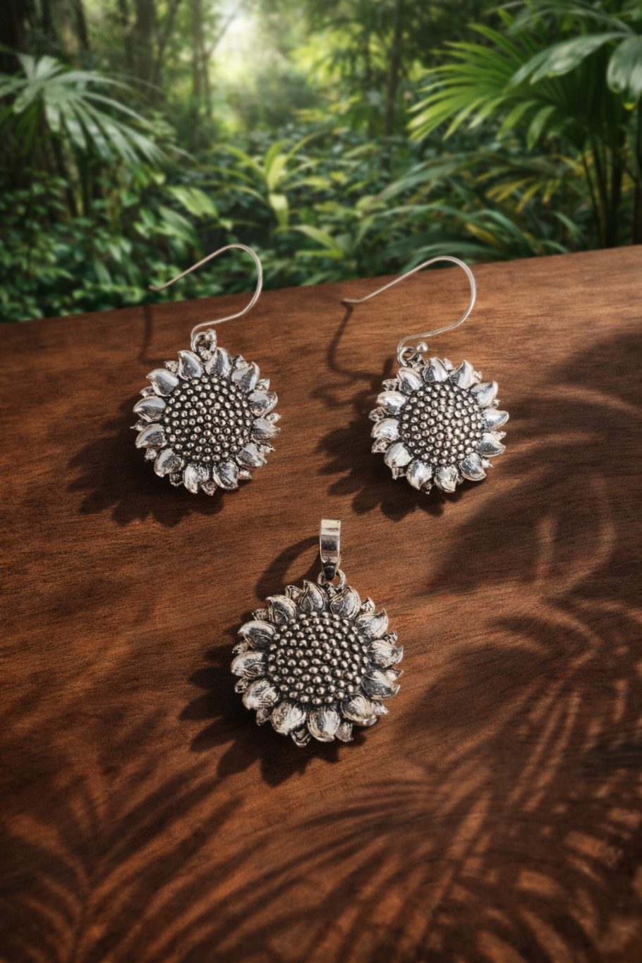 The Sunshine Sunflower 925 Silver Drop Earrings & Pendant Set