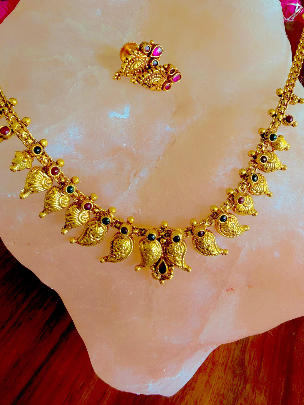 Rajsi Mayura Paisley - 925 Silver Gold Plated Temple Necklace Set
