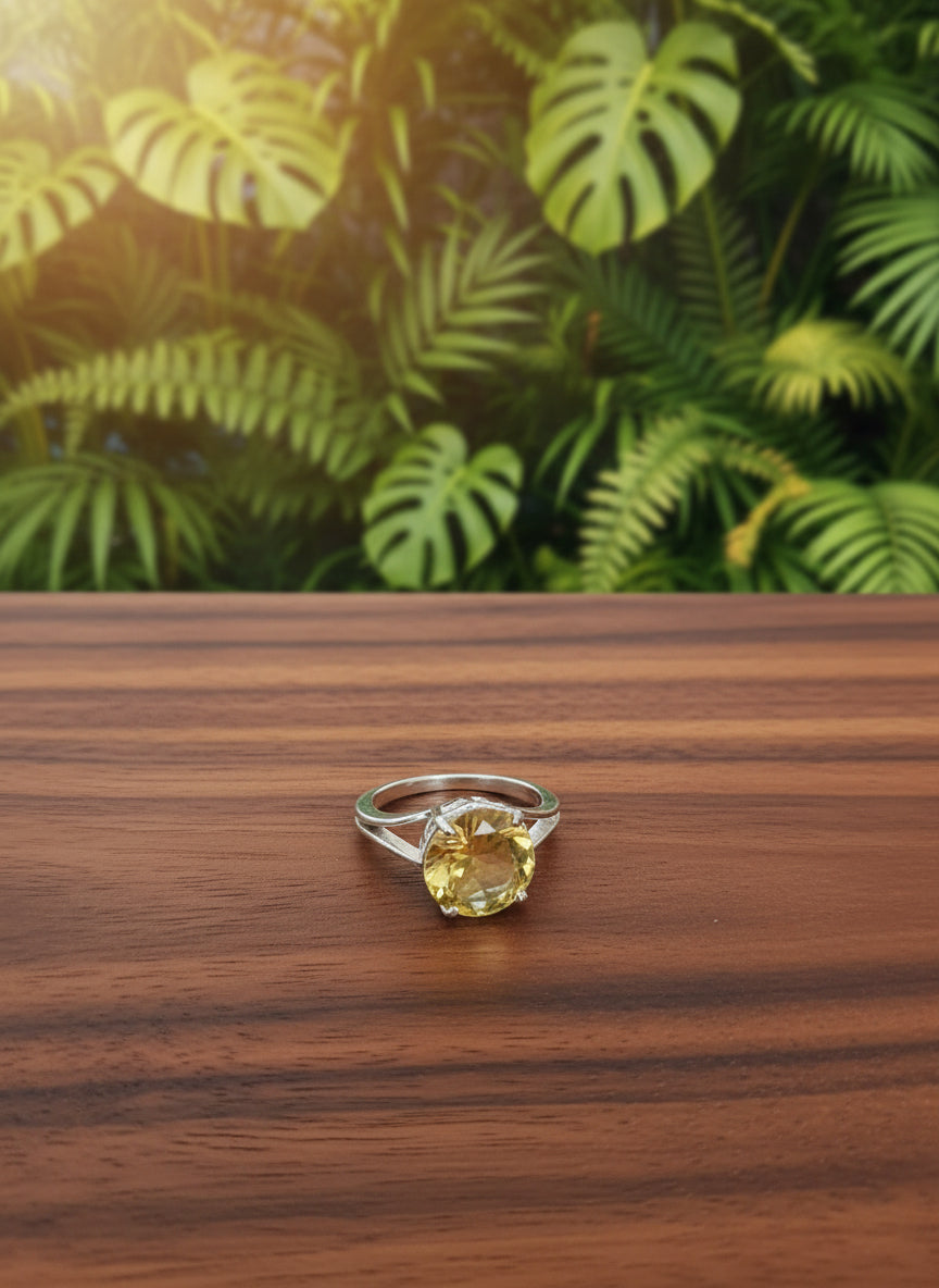 Suryamani Citrine Stone Leafy 92.5 Silver Ring