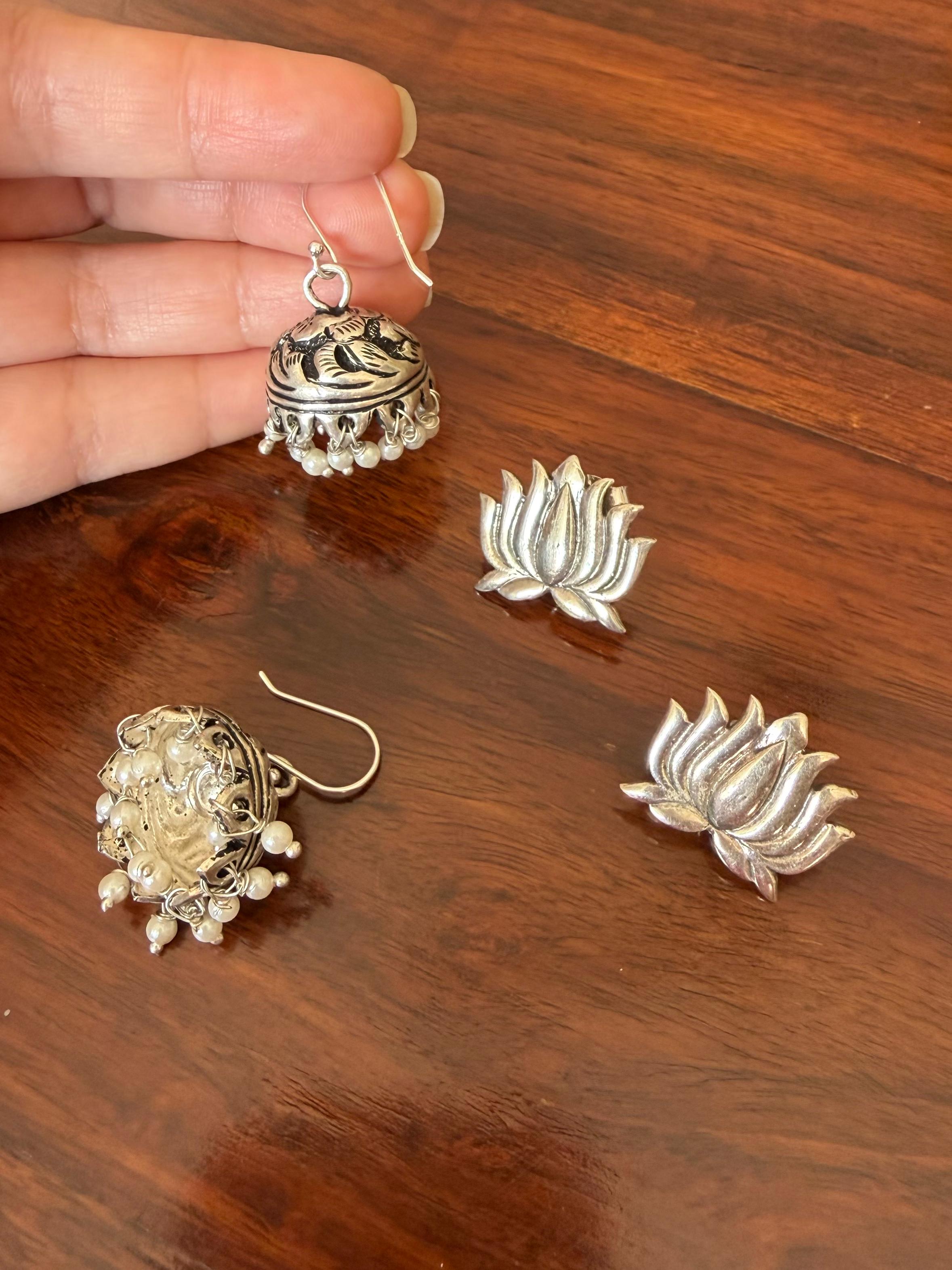 Kamalika Chitai Jhumkas 92.5 Silver 3-in-1 Earrings - Handcrafted