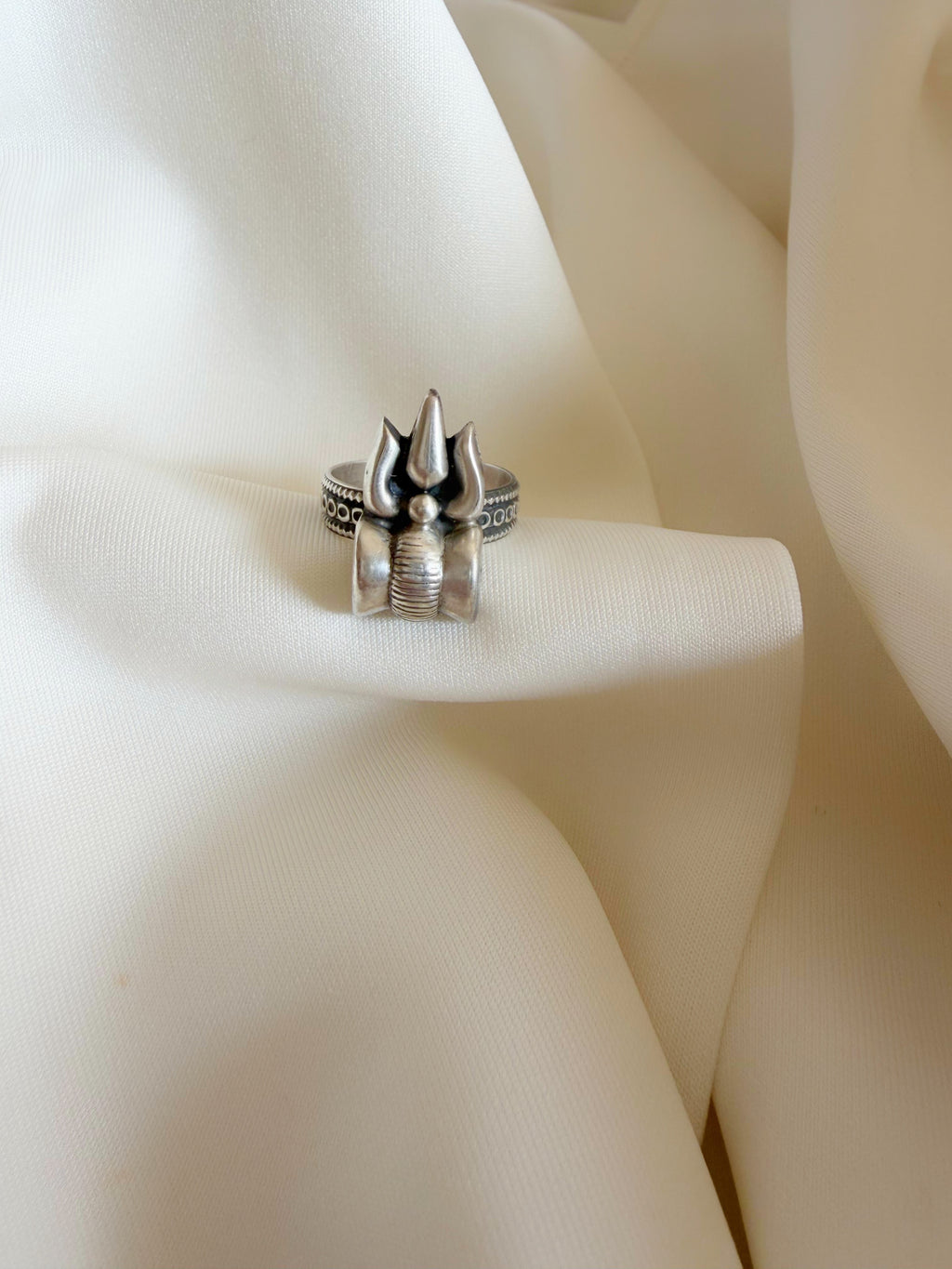 Rudra Aura - Shiva Trishool Damroo Traditional 925 Silver Adjustable Ring