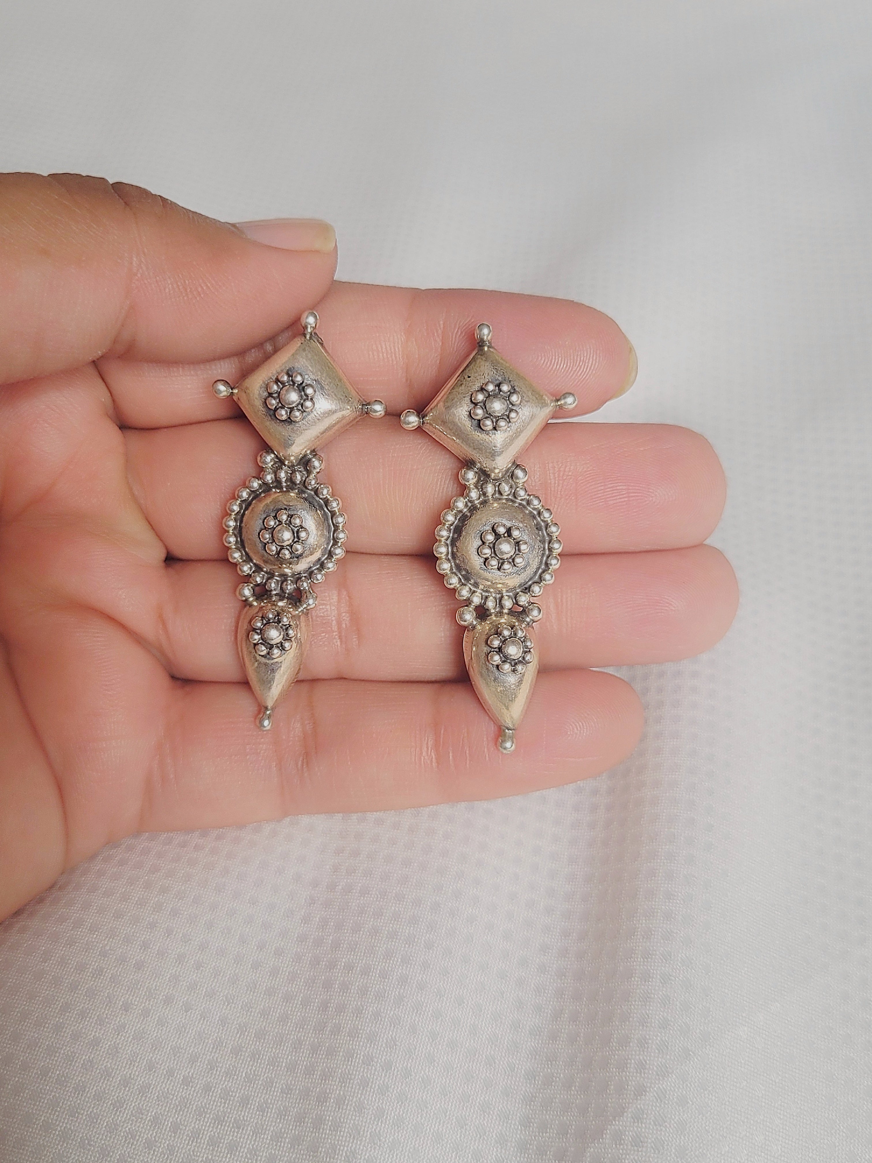 Banjara Boho 92.5 Silver Geometric Drop Earrings
