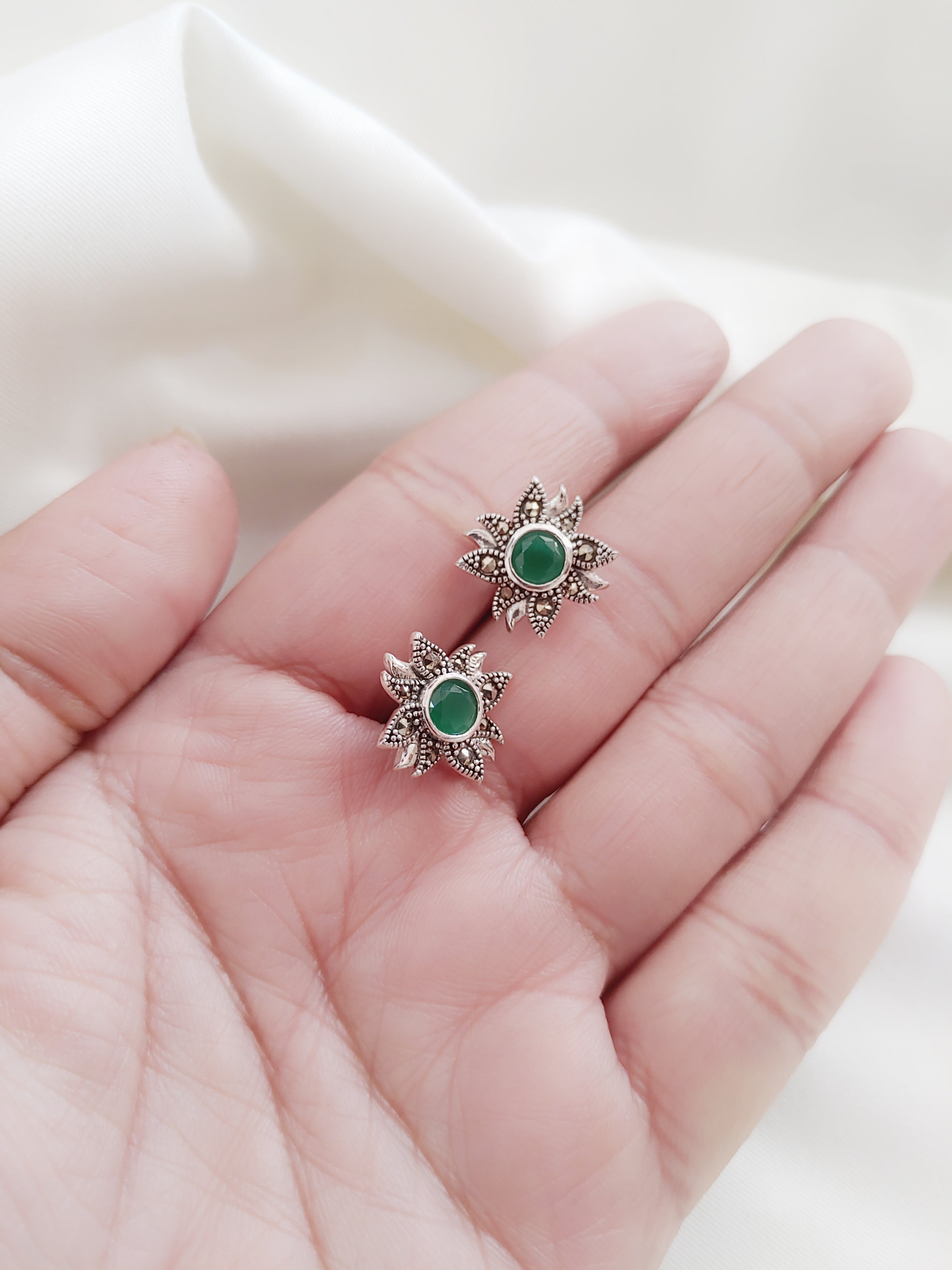 Green Aura Floral 92.5 Silver Marcasite Stud Earrings