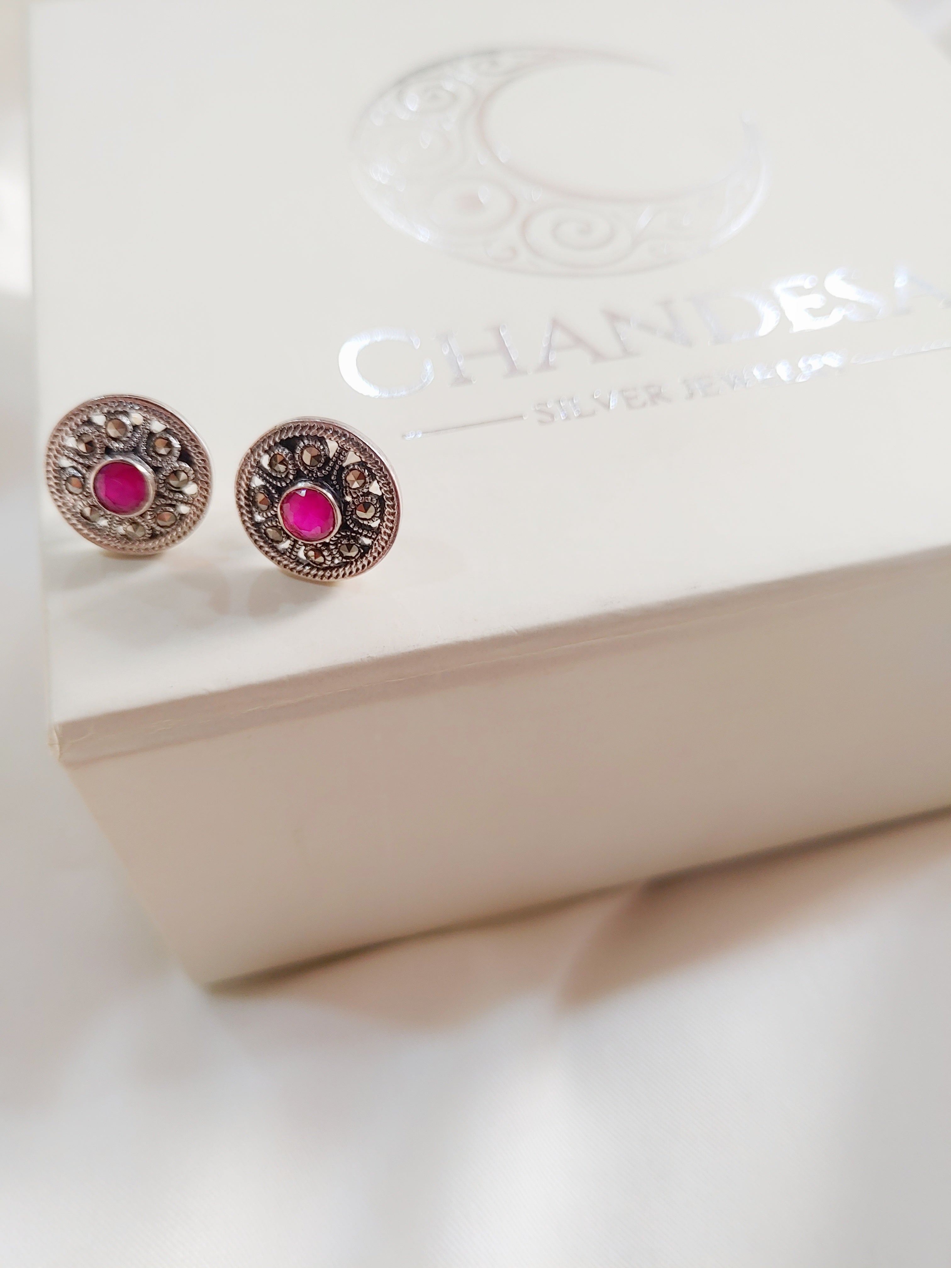 Meher Circular 92.5 Silver Marcasite Stud Earrings