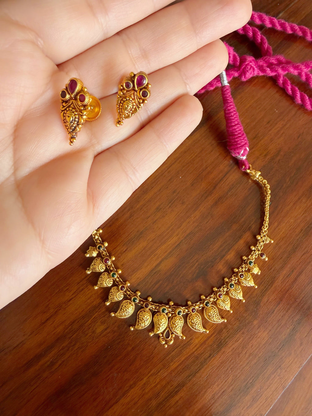 Rajsi Mayura Paisley - 925 Silver Gold Plated Temple Necklace Set