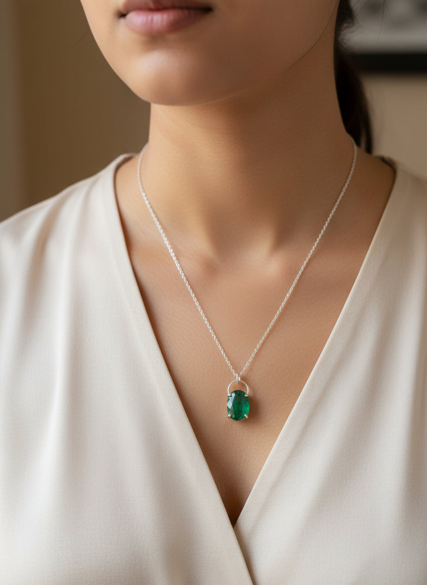 Emerald Pendant With Chain 92.5 Silver Necklace