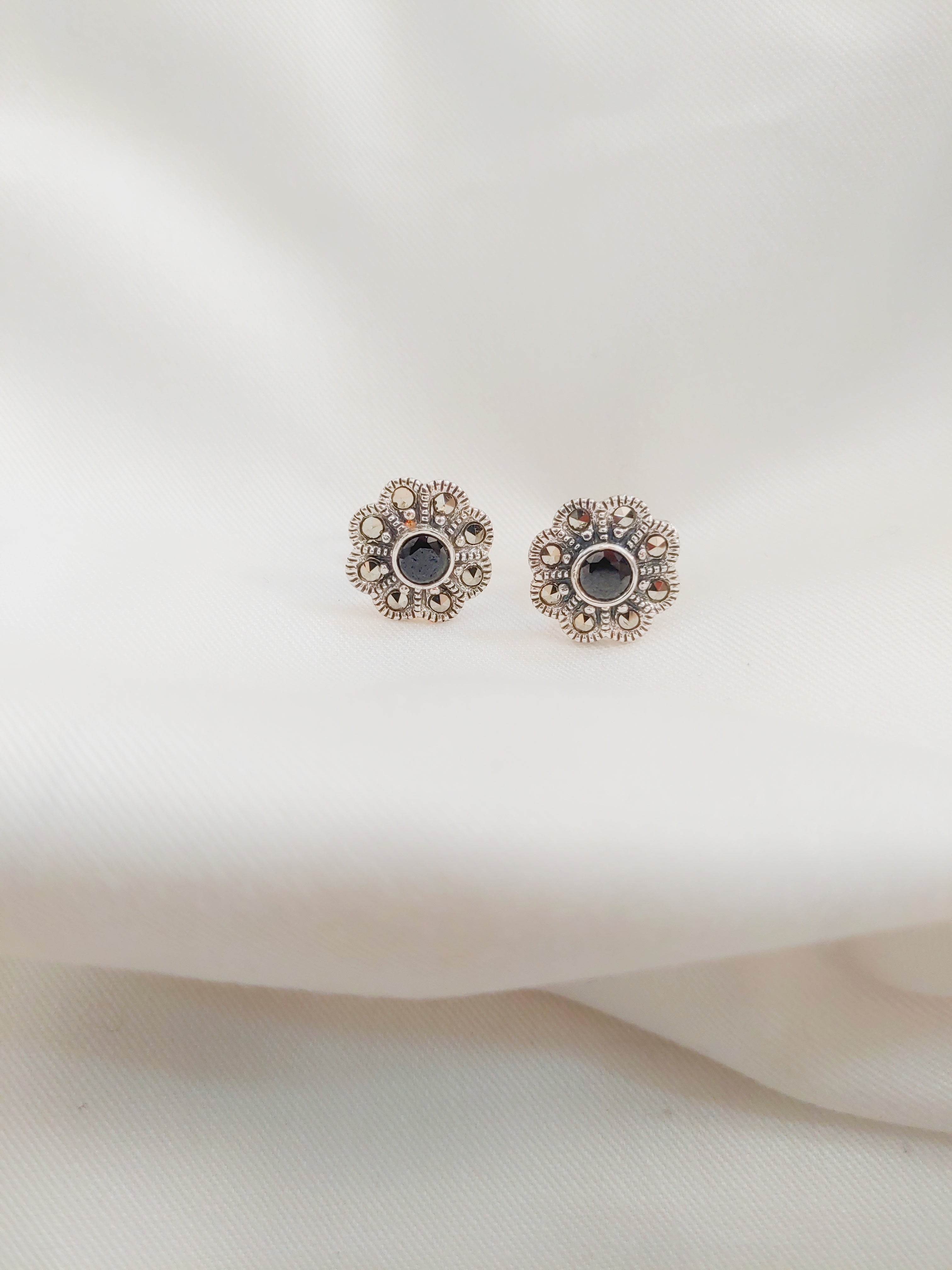 Flowery Black Onyx 92.5 Silver Marcasite Stud Earrings