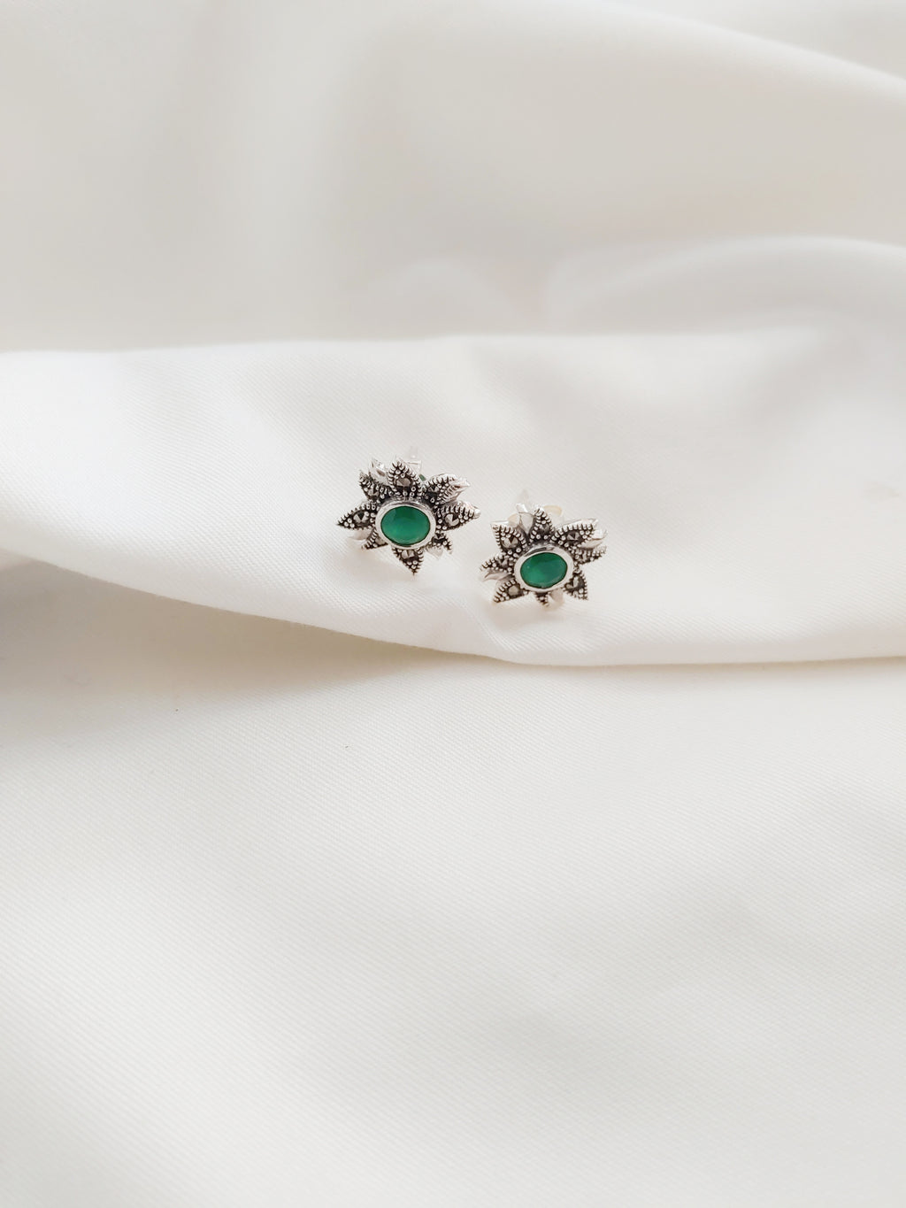 Green Aura Floral 92.5 Silver Marcasite Stud Earrings