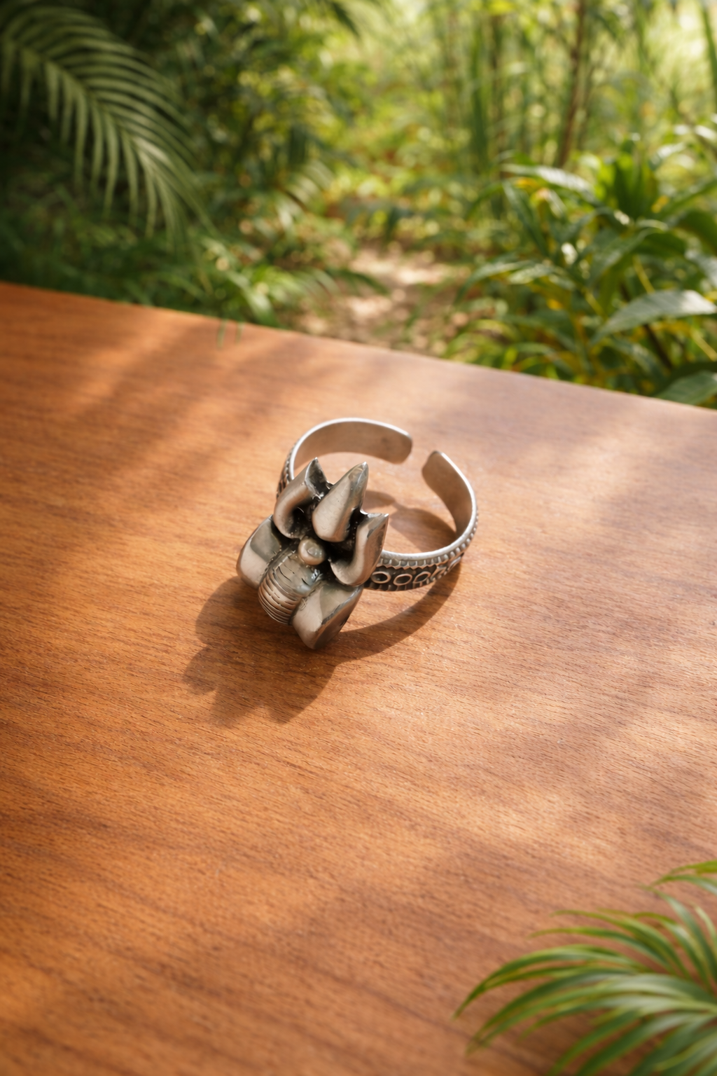 Rudra Aura - Shiva Trishool Damroo Traditional 925 Silver Adjustable Ring
