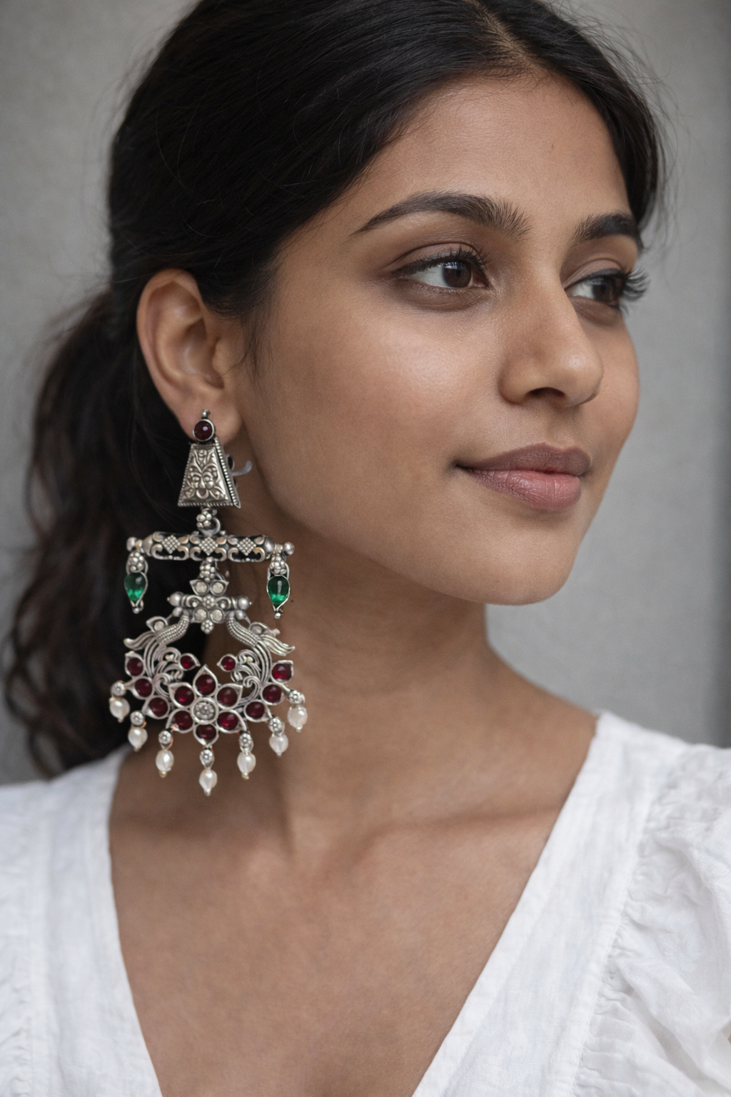 Antique 925 Silver Venu Vilas Flute of Grace Temple Earrings
