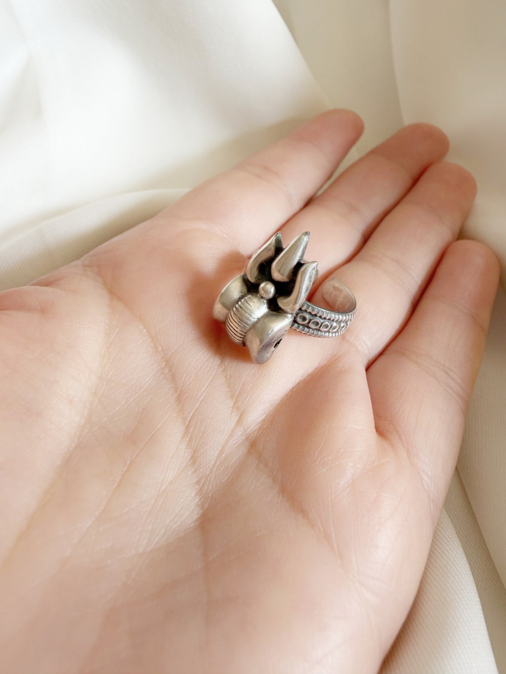 Rudra Aura - Shiva Trishool Damroo Traditional 925 Silver Adjustable Ring