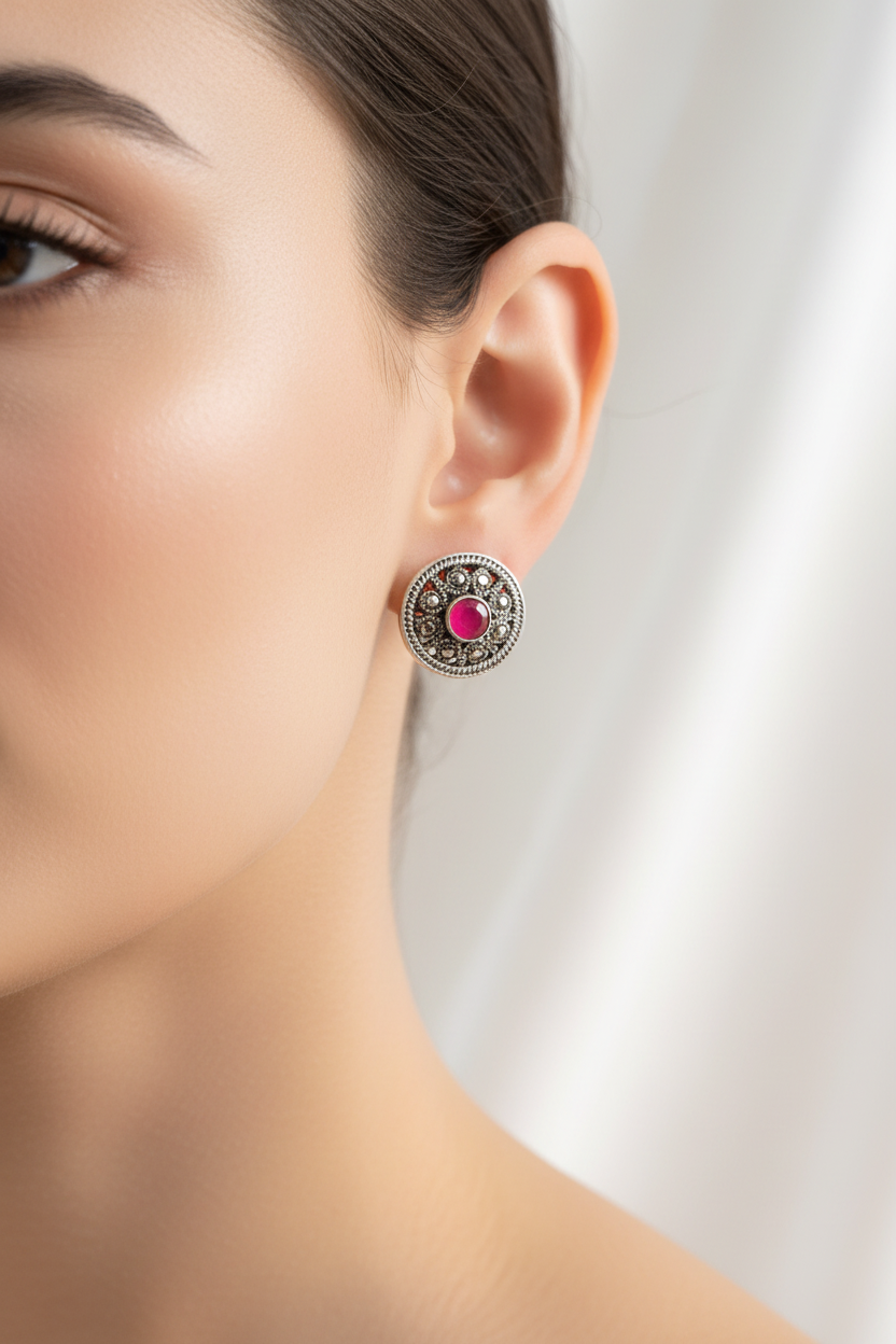 Meher Circular 92.5 Silver Marcasite Stud Earrings