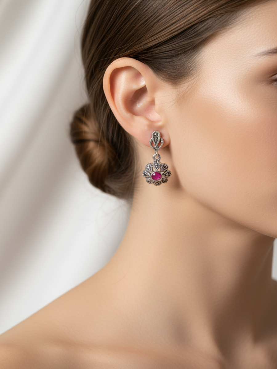Noor 925 Silver Marcasite Stud Earrings