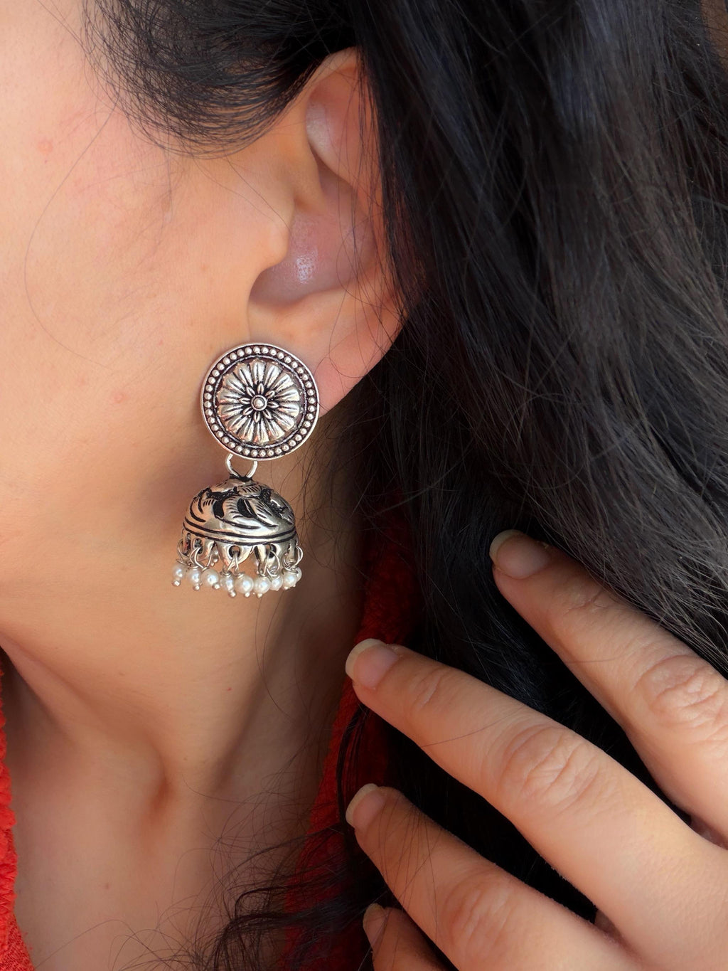 Mandala Chitai Jhumkas 925 Silver 3-in-1 Earrings - Handcrafted