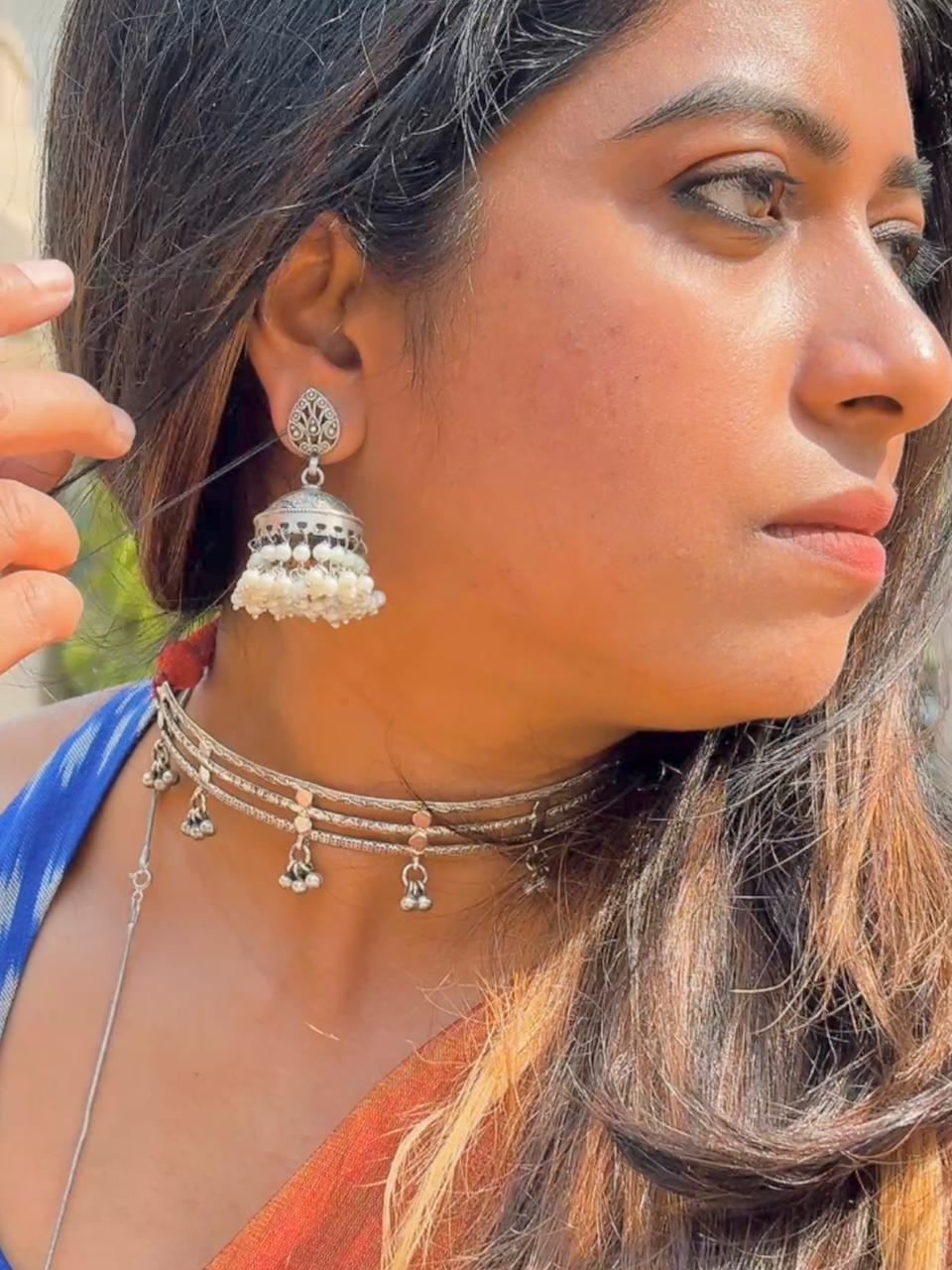925 Silver Paisley Jhumka Earrings With Pearls