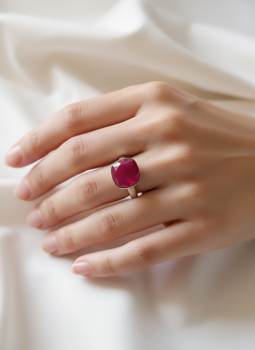 Crimson Pink Onyx Cushion Cut Stone 92.5 Silver Adjustable Ring