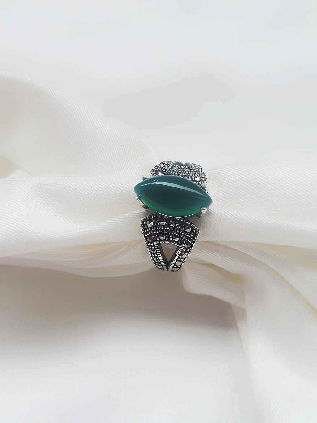 Marcasite Oval Green 92.5 Silver Ring