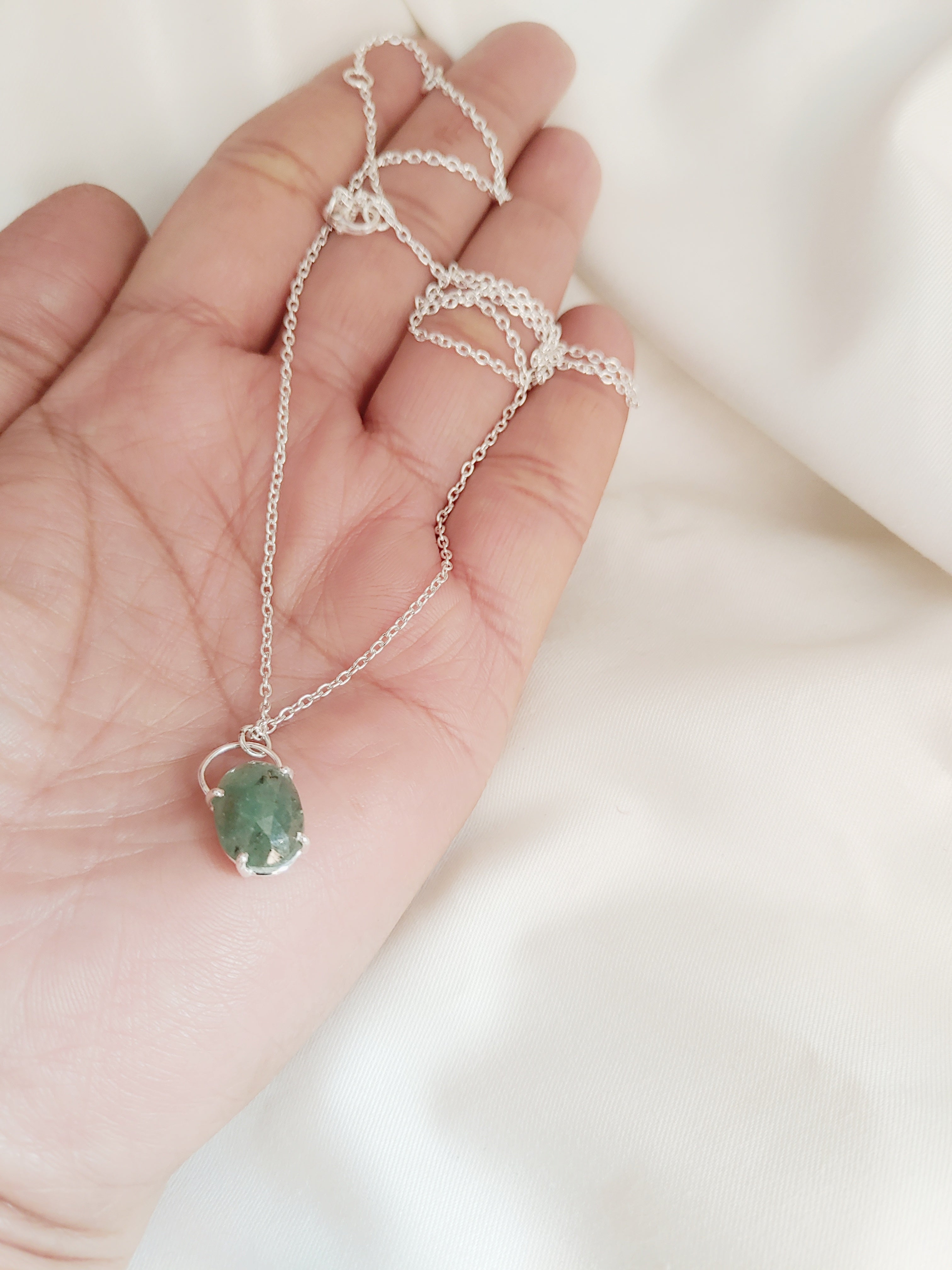 Emerald Pendant With Chain 92.5 Silver Necklace
