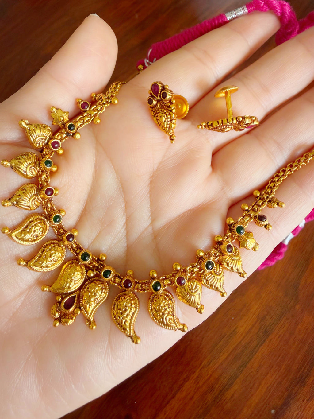 Rajsi Mayura Paisley - 925 Silver Gold Plated Temple Necklace Set