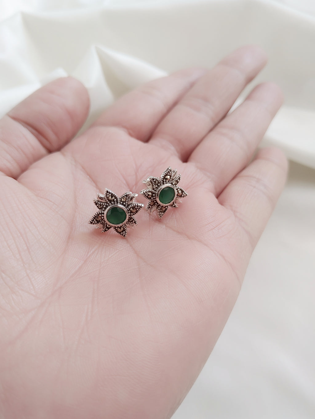 Green Aura Floral 92.5 Silver Marcasite Stud Earrings