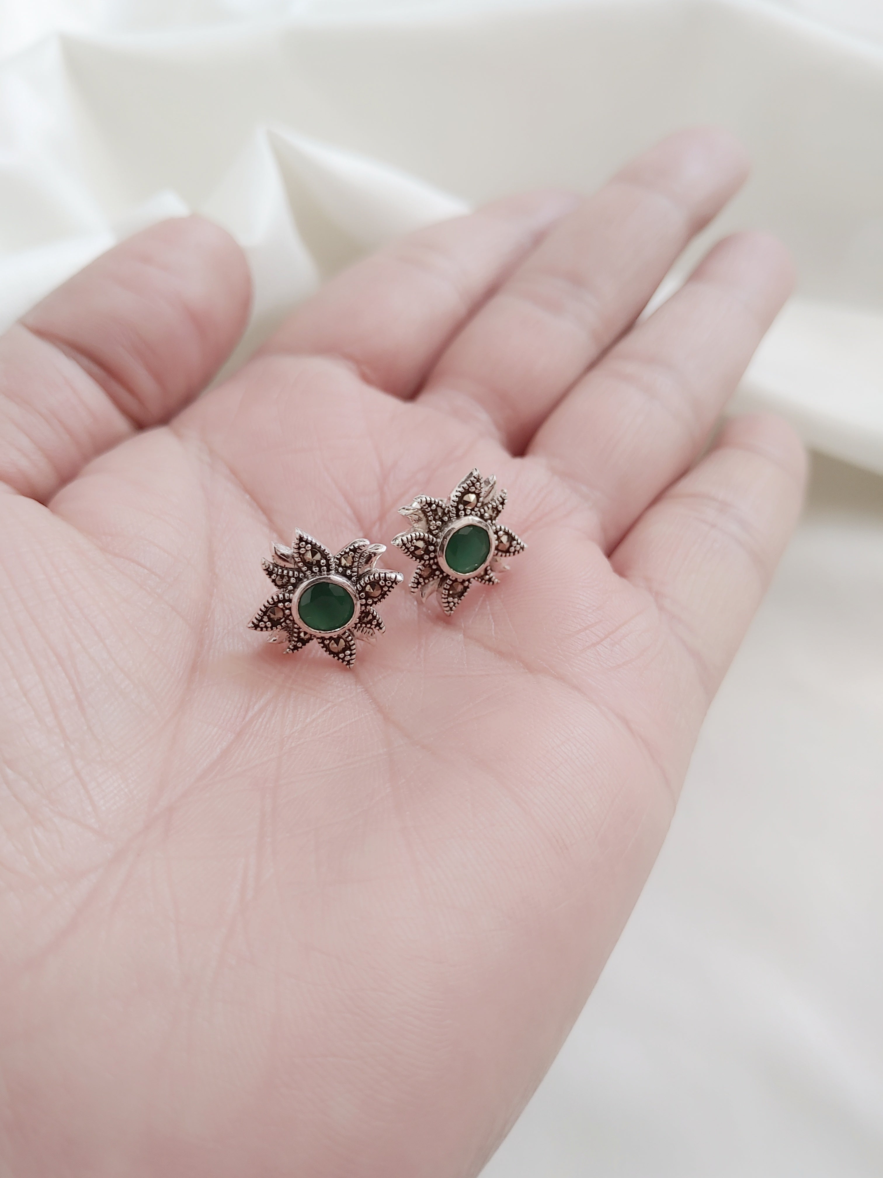 Green Aura Floral 92.5 Silver Marcasite Stud Earrings