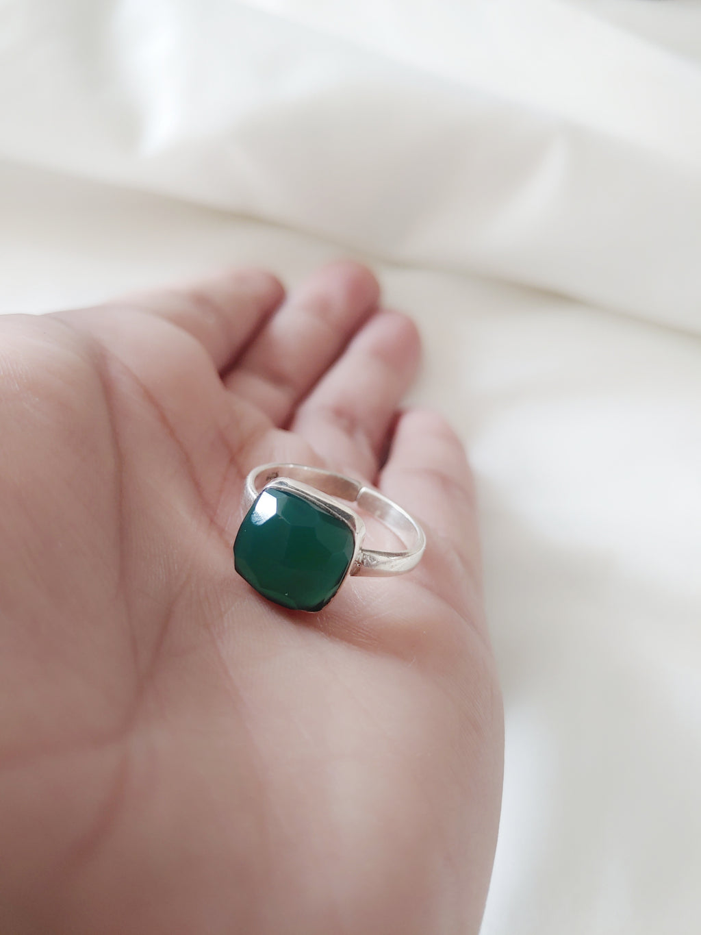 Harit Green Onyx Cushion Cut Stone 92.5 Silver Adjustable Ring