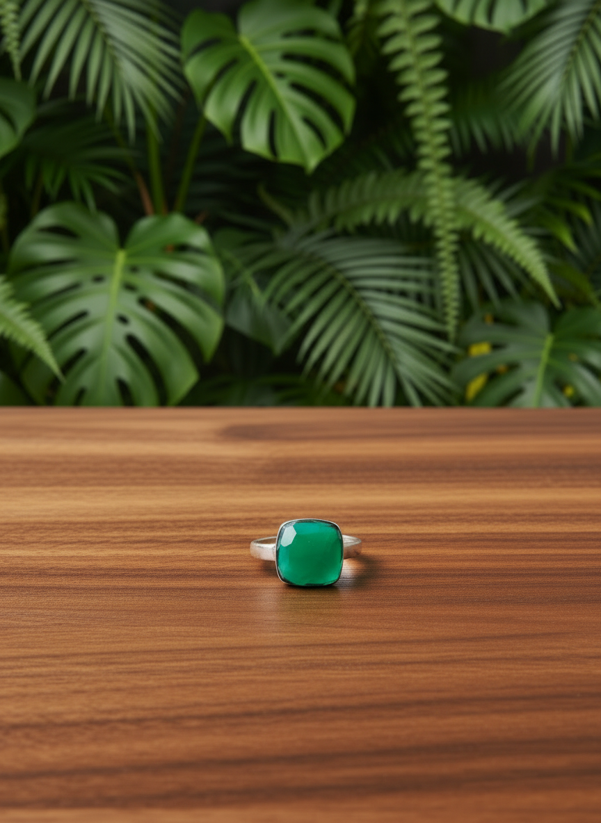 Harit Green Onyx Cushion Cut Stone 92.5 Silver Adjustable Ring