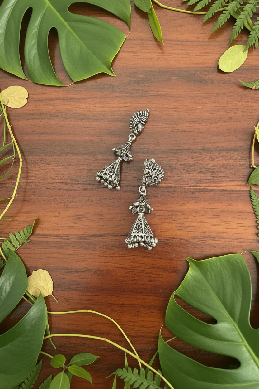 Mayura Kalash Jhumkas 92.5 Silver Earrings - Handcrafted