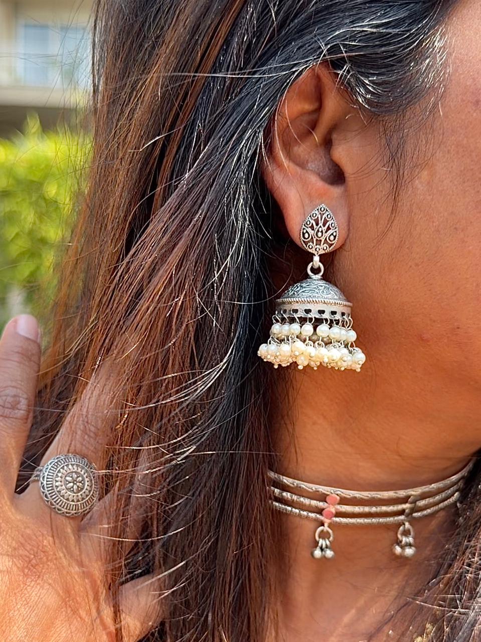 925 Silver Paisley Jhumka Earrings With Pearls