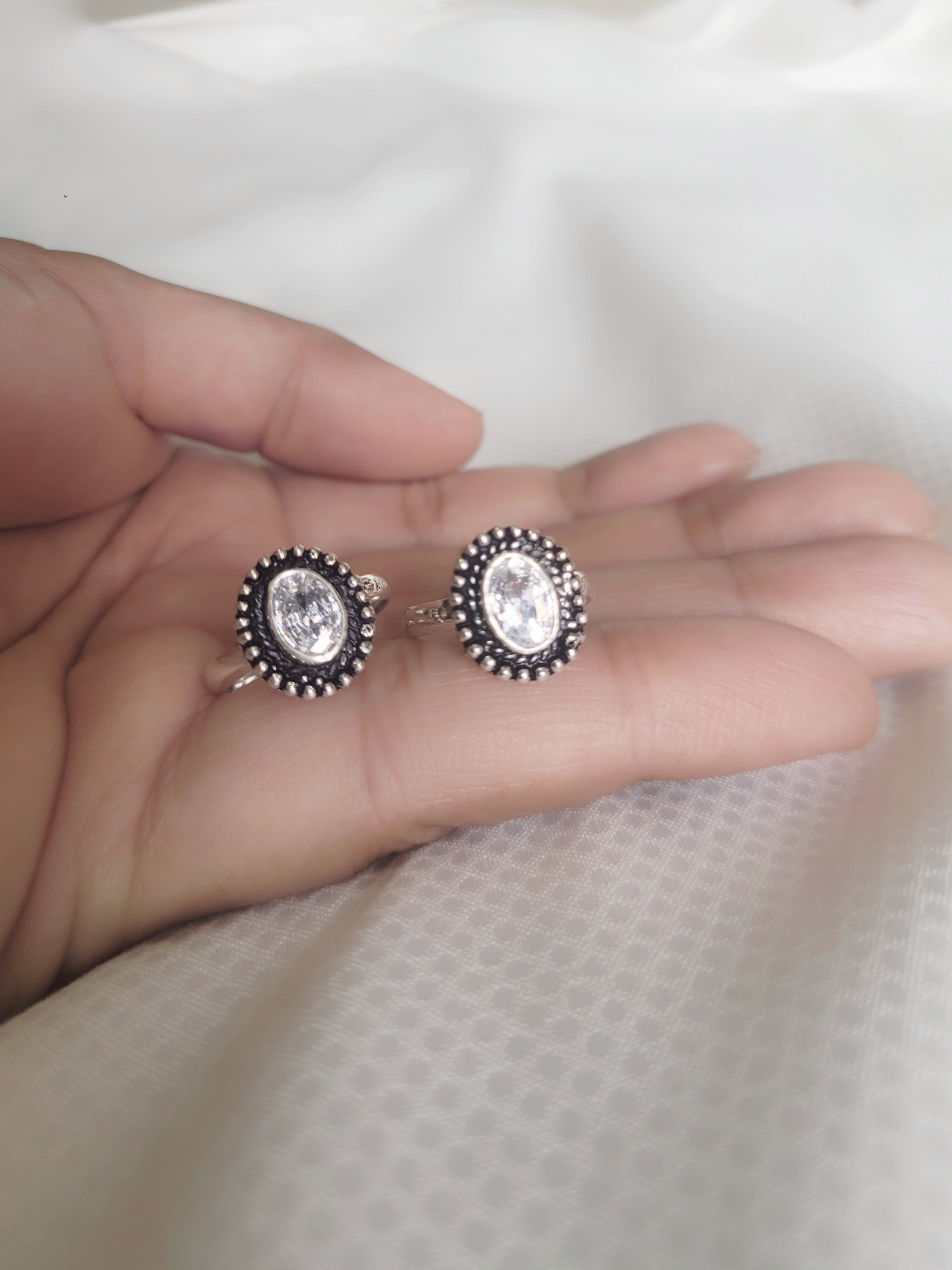 Oval Crystal 92.5 Silver Toe Rings - Pair