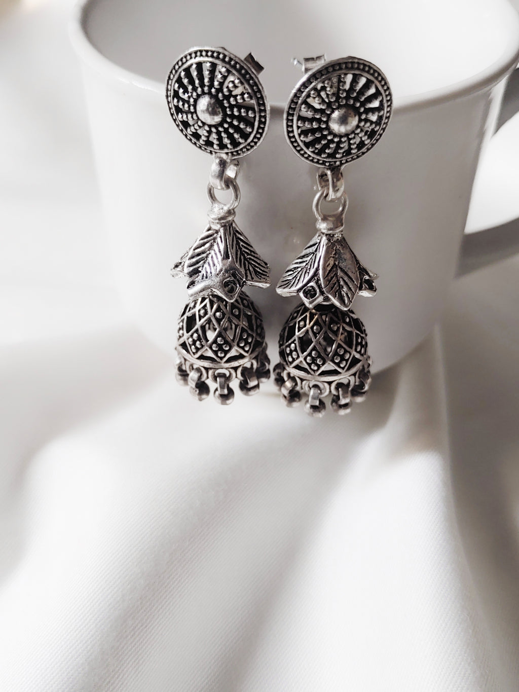 Classic Sunburst Jhumkas 925 Silver Earrings - Handcrafted