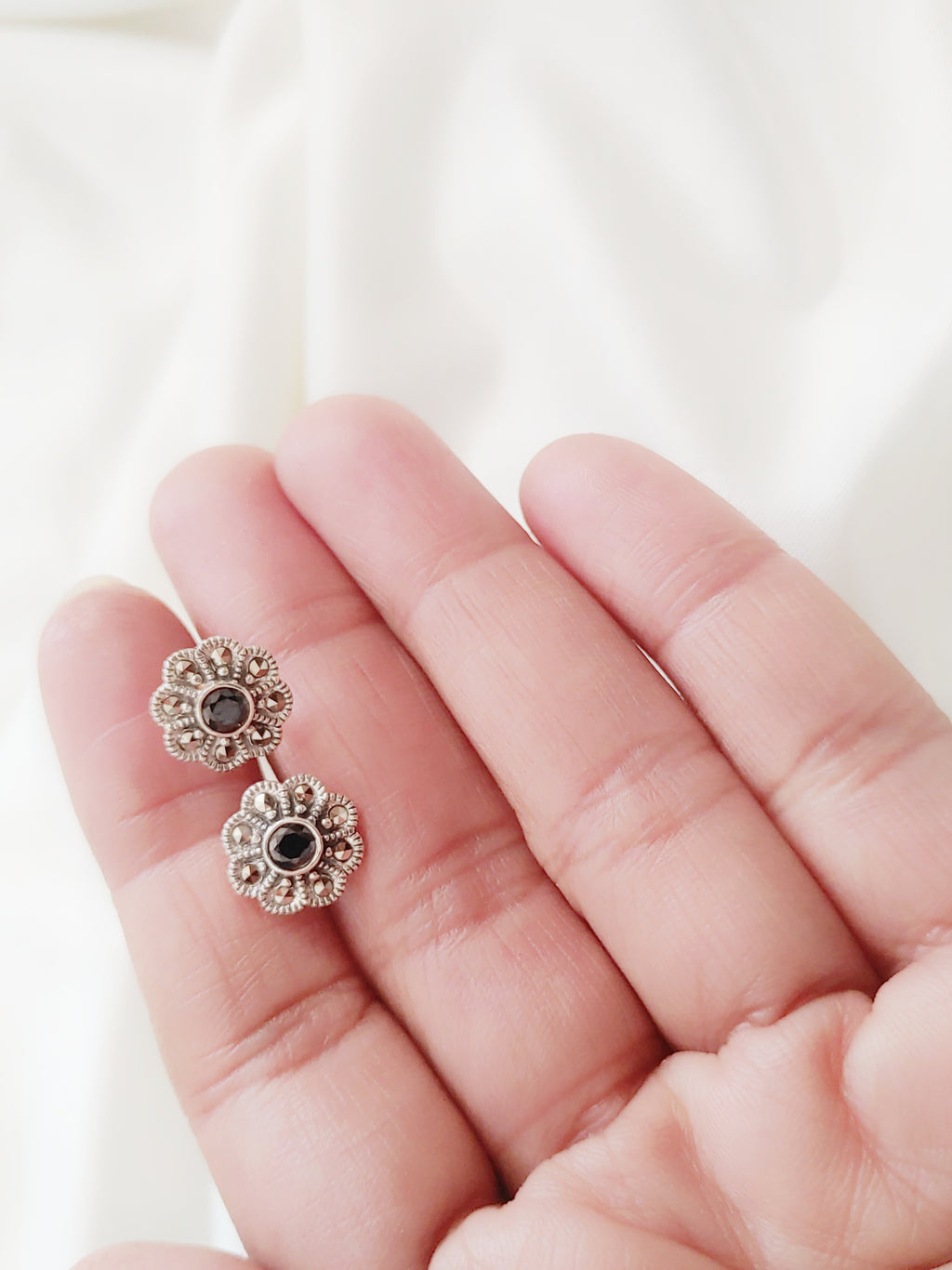 Flowery Black Onyx 92.5 Silver Marcasite Stud Earrings