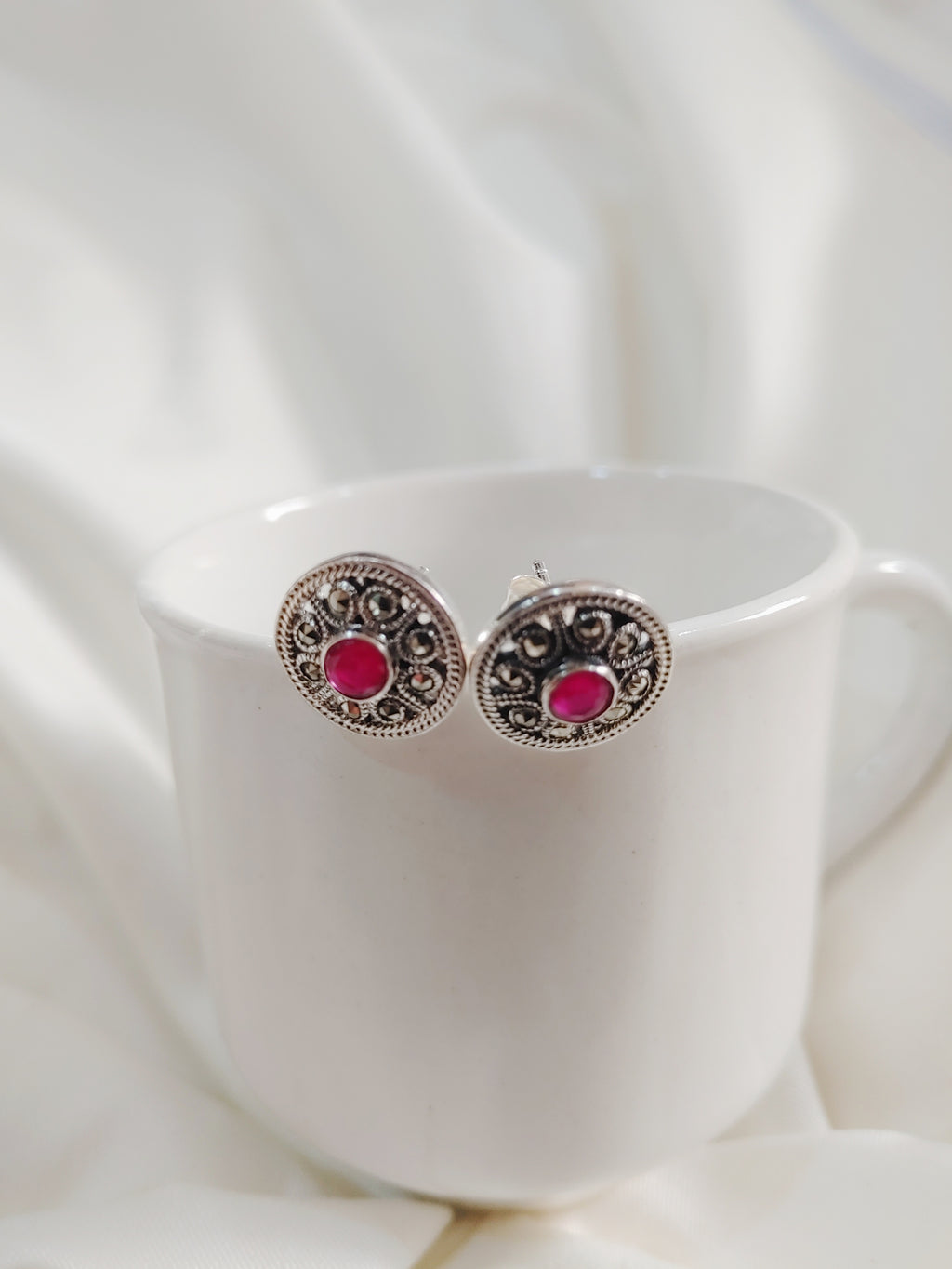 Meher Circular 925 Silver Marcasite Stud Earrings