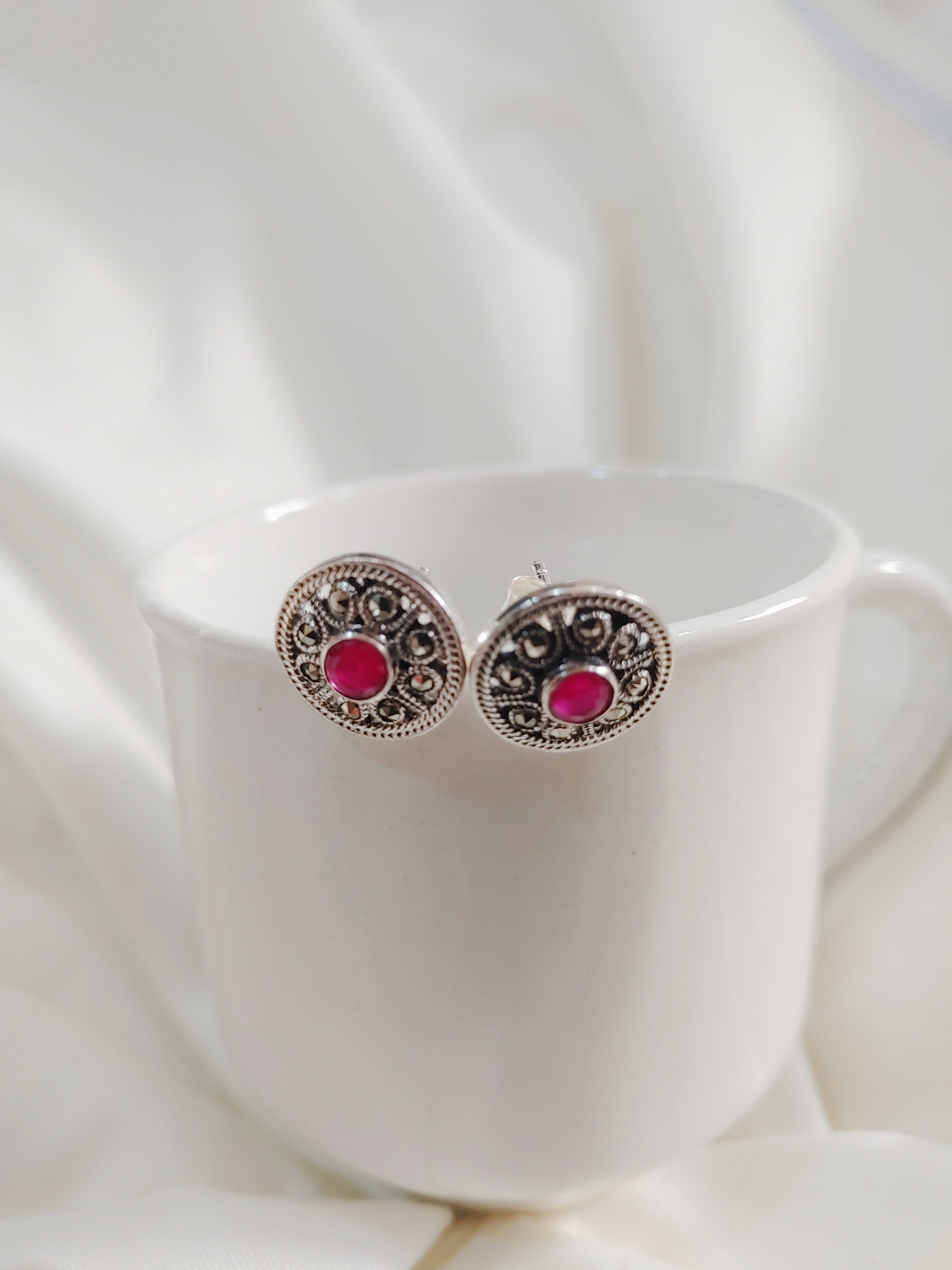 Meher Circular 92.5 Silver Marcasite Stud Earrings