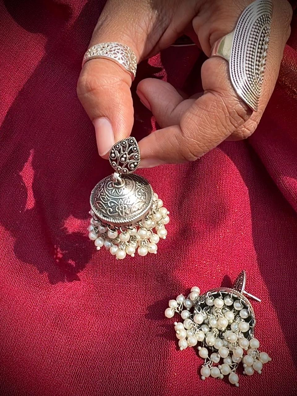 925 Silver Paisley Jhumka Earrings With Pearls