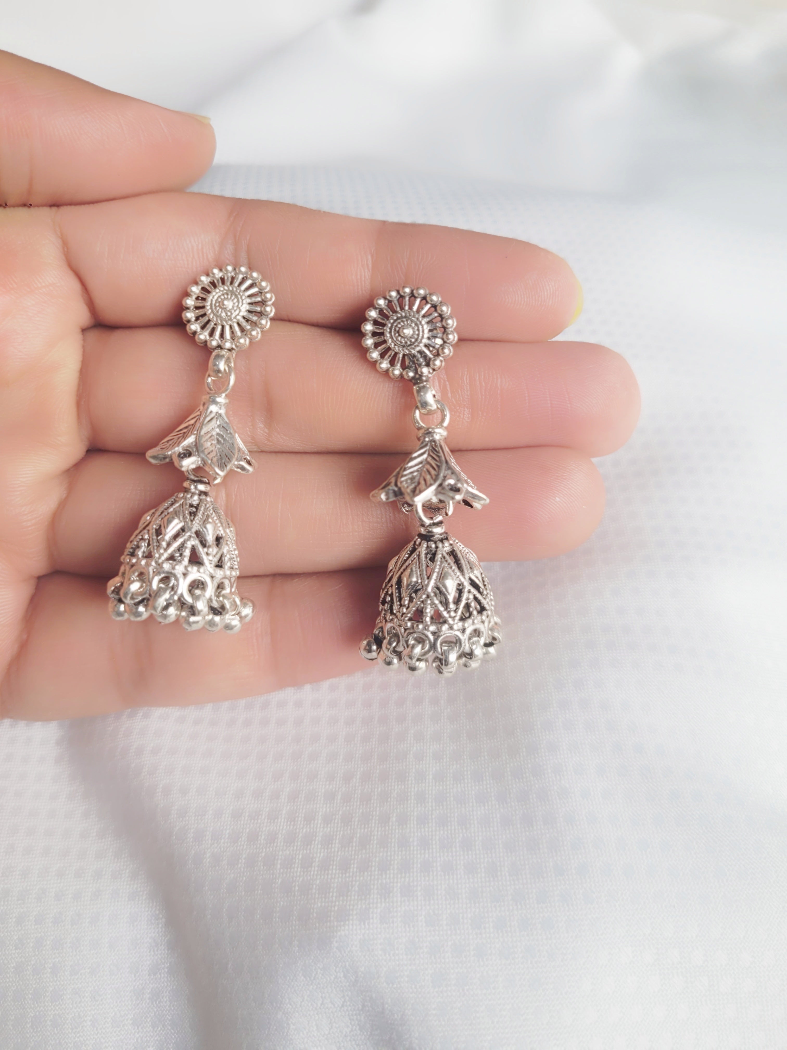 Karunima 92.5 Silver Floral Jhumkis