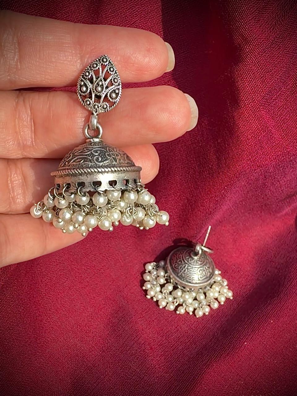 925 Silver Paisley Jhumka Earrings With Pearls