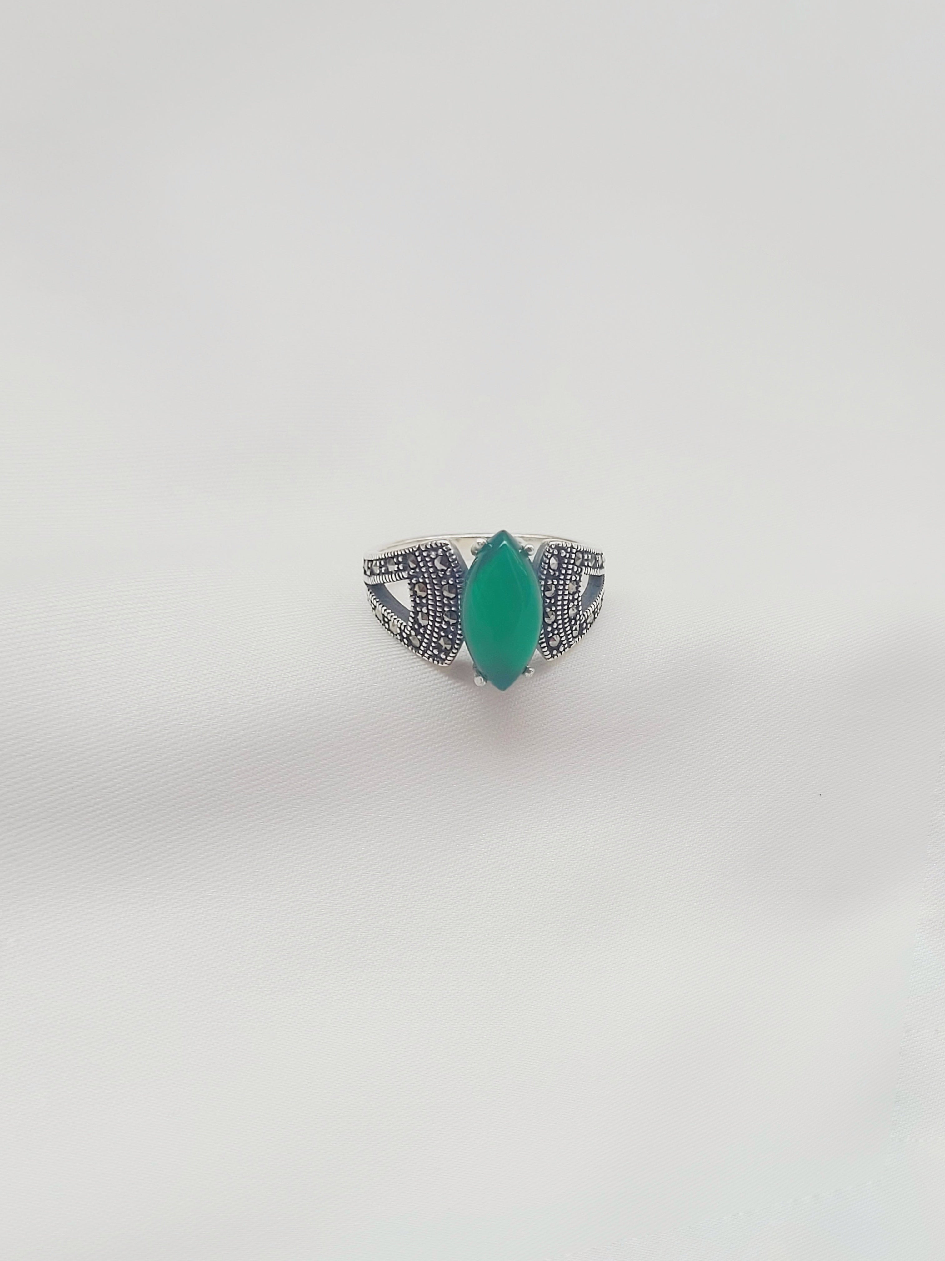 Marcasite Oval Green 92.5 Silver Ring