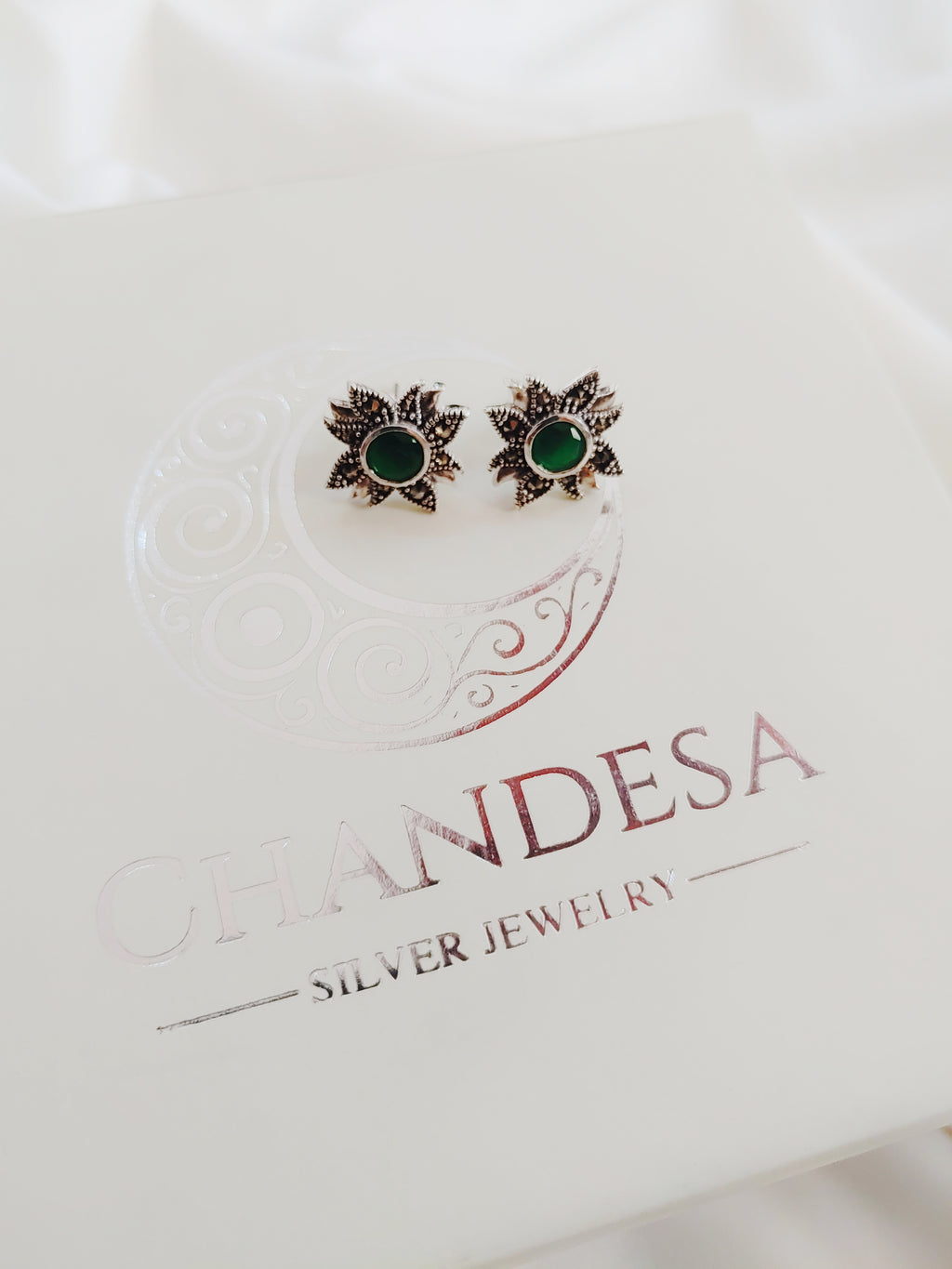 Green Aura Floral 92.5 Silver Marcasite Stud Earrings