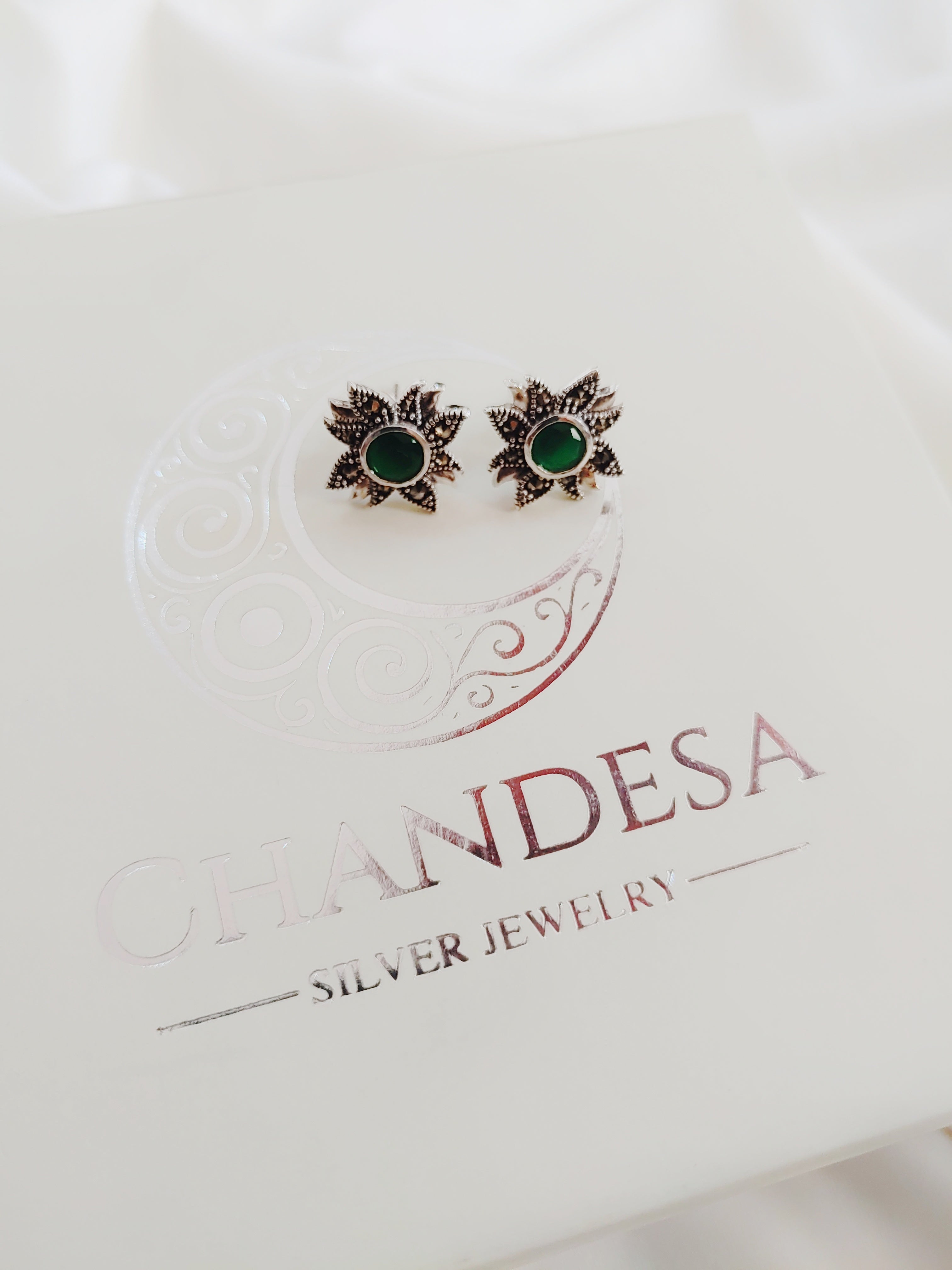 Green Aura Floral 92.5 Silver Marcasite Stud Earrings