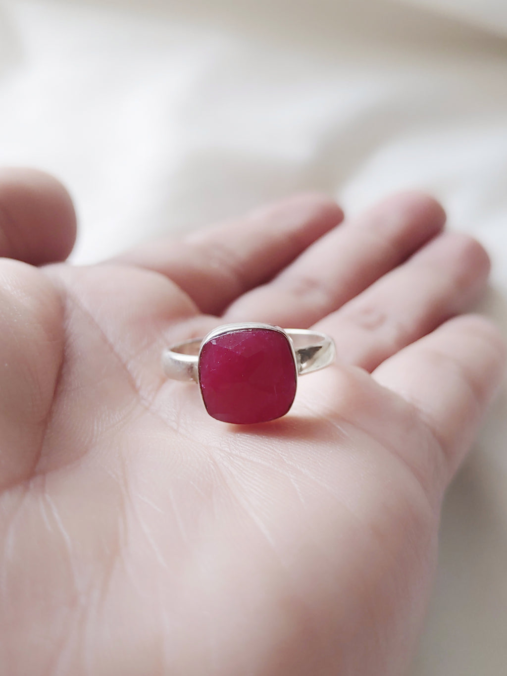 Crimson Pink Onyx Cushion Cut Stone 92.5 Silver Adjustable Ring