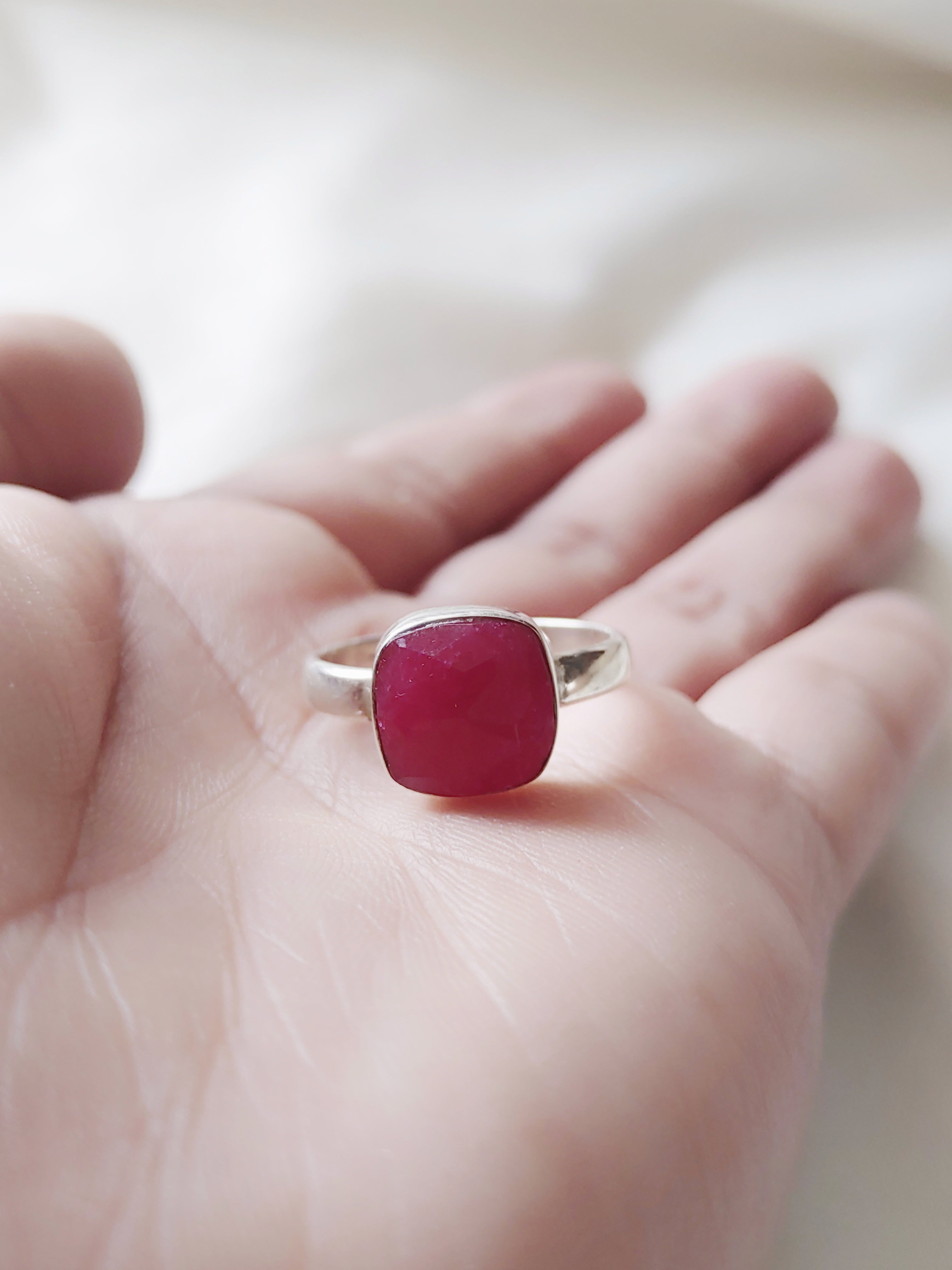 Crimson Pink Onyx Cushion Cut Stone 92.5 Silver Adjustable Ring